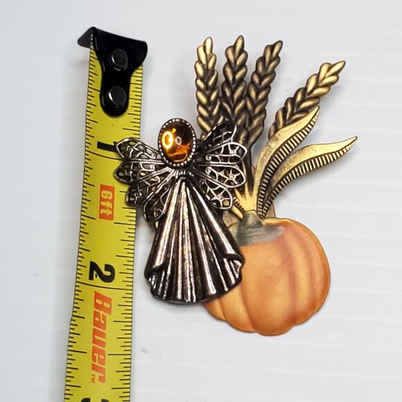 Vintage Fall Harvest Angel Pumpkin Wheat Brooch Amber Glass Cabochon Pin 2.25" - Picture 3 of 3